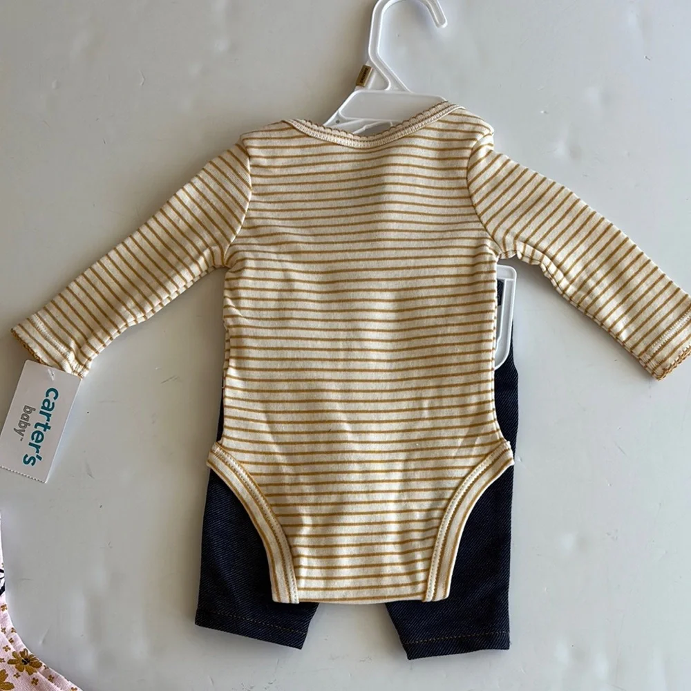 Carter’s Pink and Tan Floral Vest Striped Bodysuit and Pant Set - Picture 13 of 16